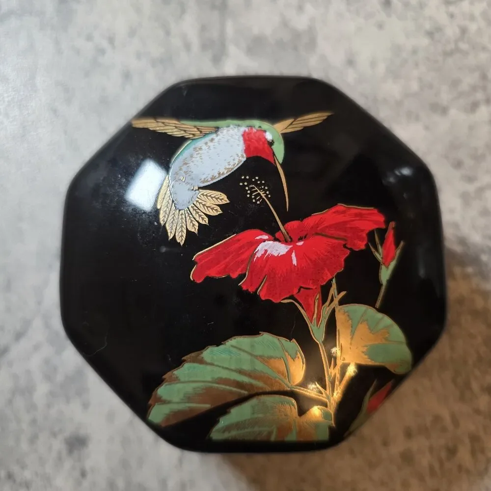 Vtg Otagiri Japan Trinket Box Handpainted Hummingbird Black Glazed Metallic Gold